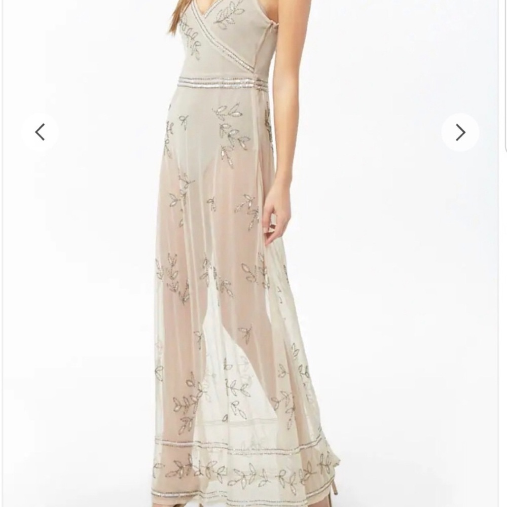 Sheer Beaded Crisscross Maxi Dress